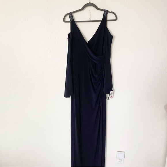 New. Lauren Ralph Lauren Beaded Cold-shoulder Gown In Navy Size 10 - Picture 4 of 11